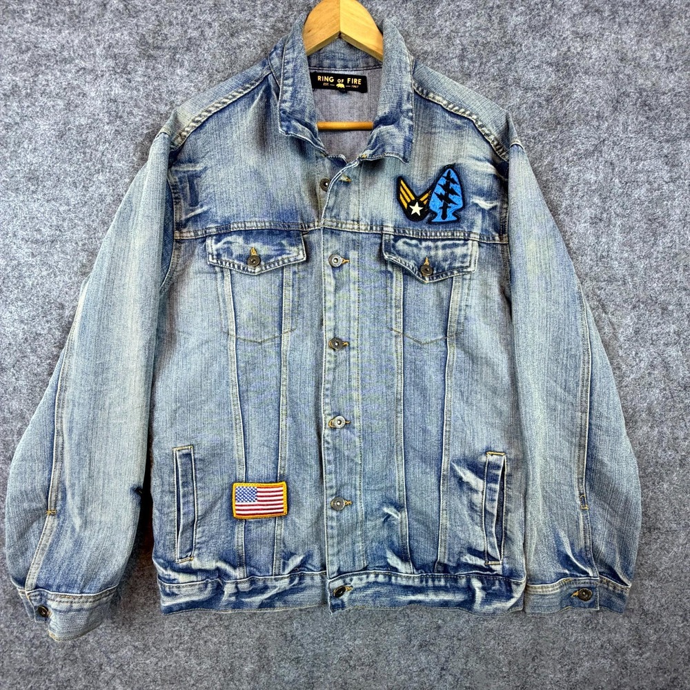 Ring of Fire Trucker Jacket Mens XL Blue Denim Patches USA Tiger Snake Skater